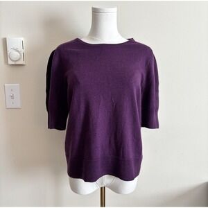 Rachel Zoe Large 100% Extra Fine Merino Wool Knit Blouse Short Sleeve Purple